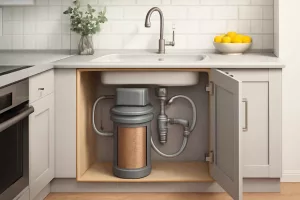 Under-sink water softener system installed inside a modern kitchen cabinet