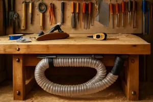 Under-bench vacuum hose holder installed under a wooden workbench in a workshop