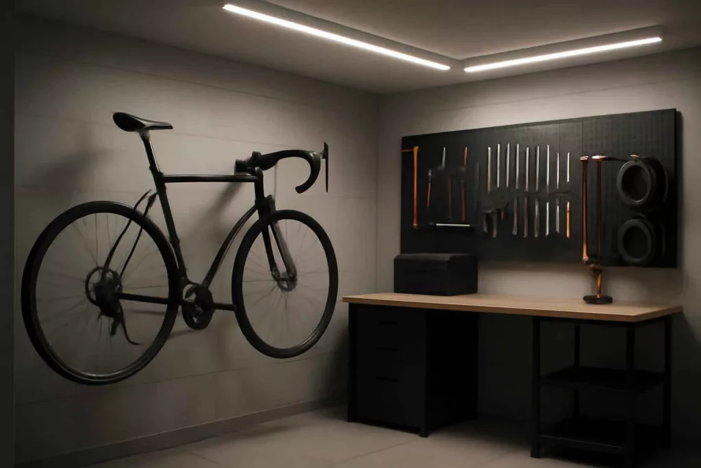 Small garage with wall-mounted bike storage rack holding bike and organized tools