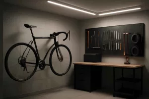 Small garage with wall-mounted bike storage rack holding bike and organized tools