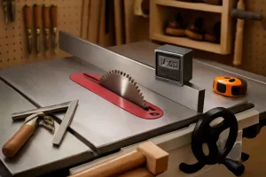 Table saw calibration with alignment tools in a home workshop