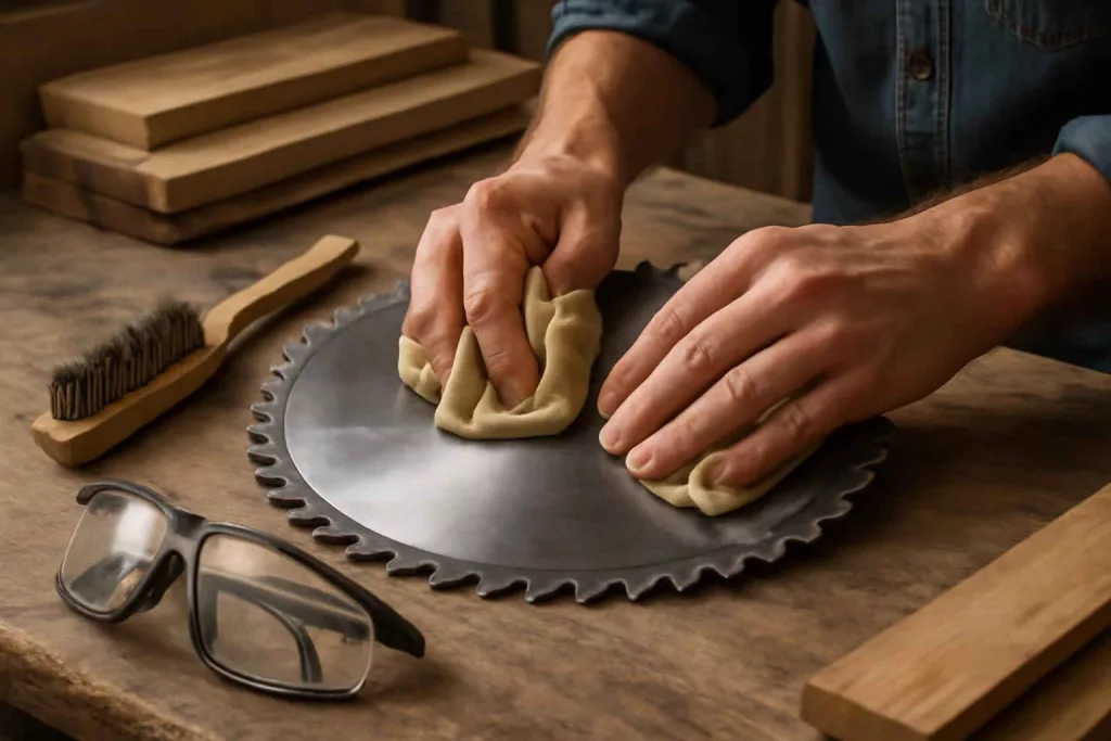 Hands cleaning a circular saw blade with a brush on a workbench