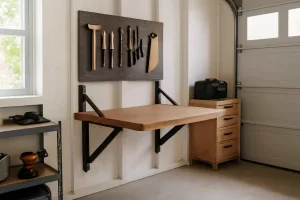 Fold-down wooden workbench mounted on a garage wall
