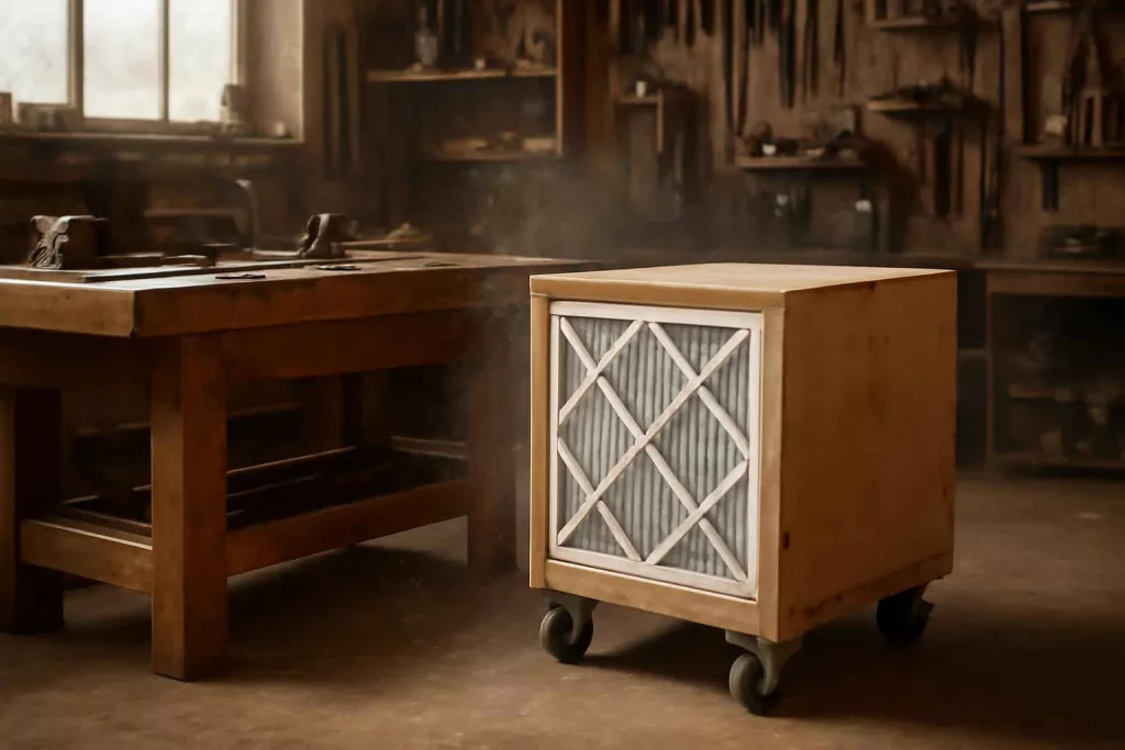 DIY portable HEPA air filter box in a workshop reducing dust