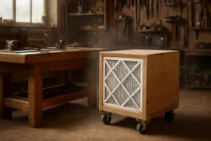 DIY portable HEPA air filter box in a workshop reducing dust