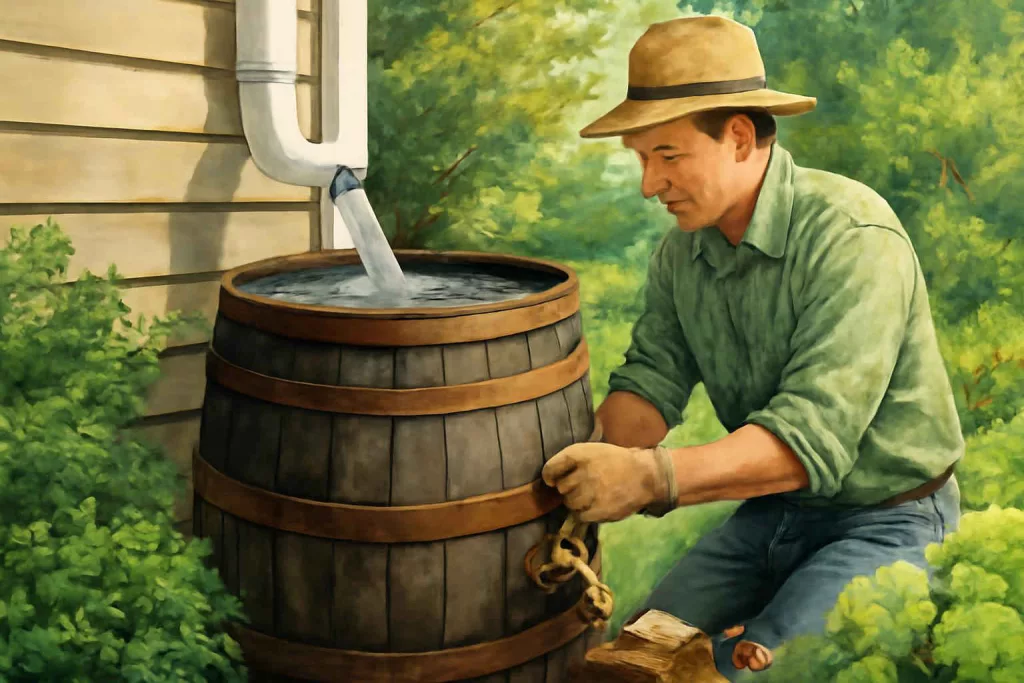 DIY rain barrel setup next to house downspout in garden