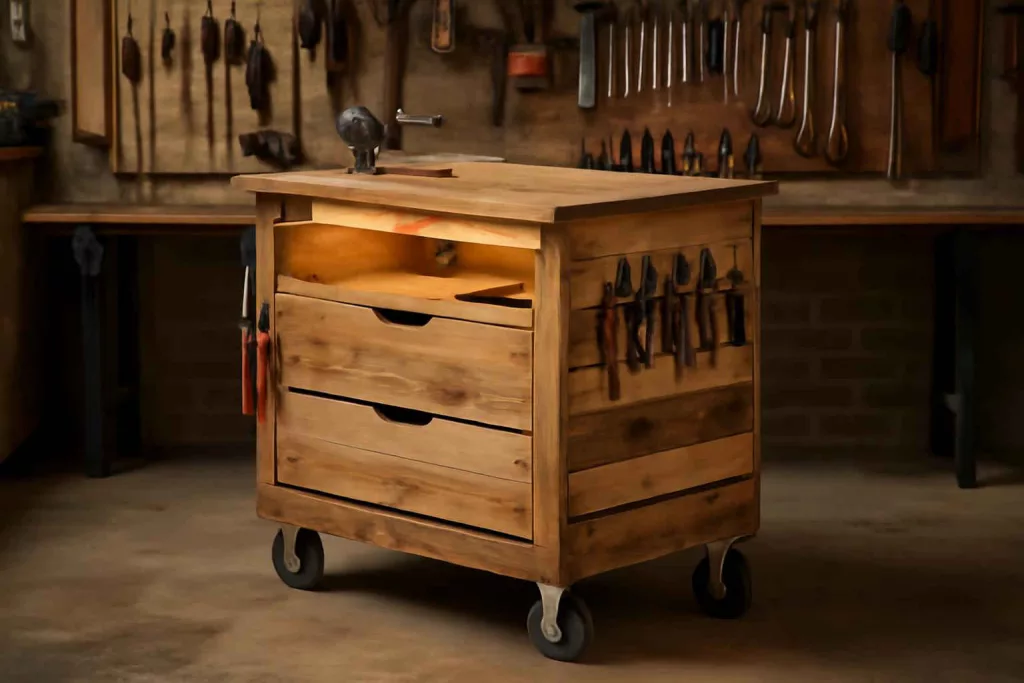 DIY rolling tool cart made from repurposed pallets in a workshop setting