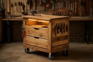 DIY rolling tool cart made from repurposed pallets in a workshop setting