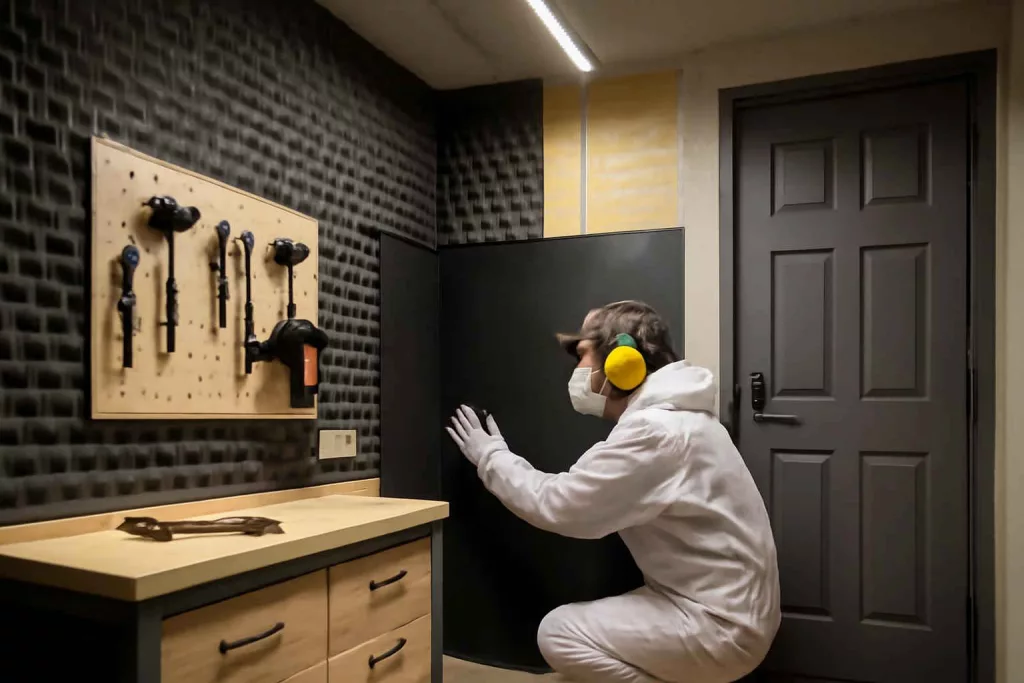 Home workshop with soundproofing materials like acoustic panels and insulated door seals.