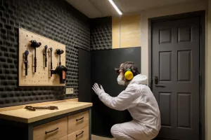 Home workshop with soundproofing materials like acoustic panels and insulated door seals.