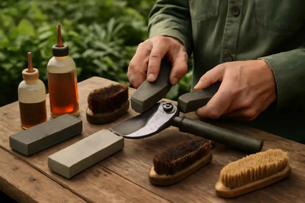 Garden shears on a wooden workbench surrounded by maintenance tools