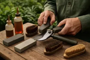 Garden shears on a wooden workbench surrounded by maintenance tools