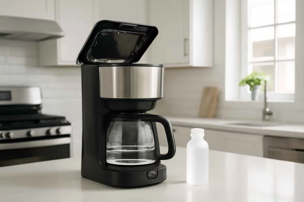 Coffee maker being cleaned with descaling solution