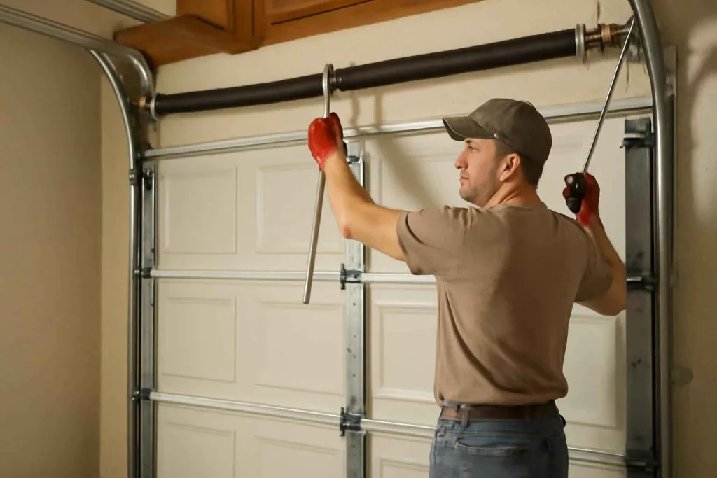 Homeowner adjusting a sagging garage door spring in a residential garage