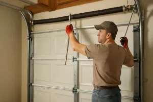 Homeowner adjusting a sagging garage door spring in a residential garage