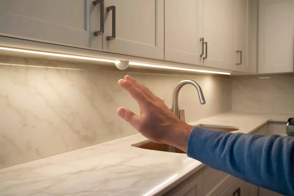 Modern kitchen under-cabinet LED motion sensor lights illumination