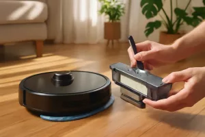 Person cleaning a robot vacuum mop filter in a modern living room