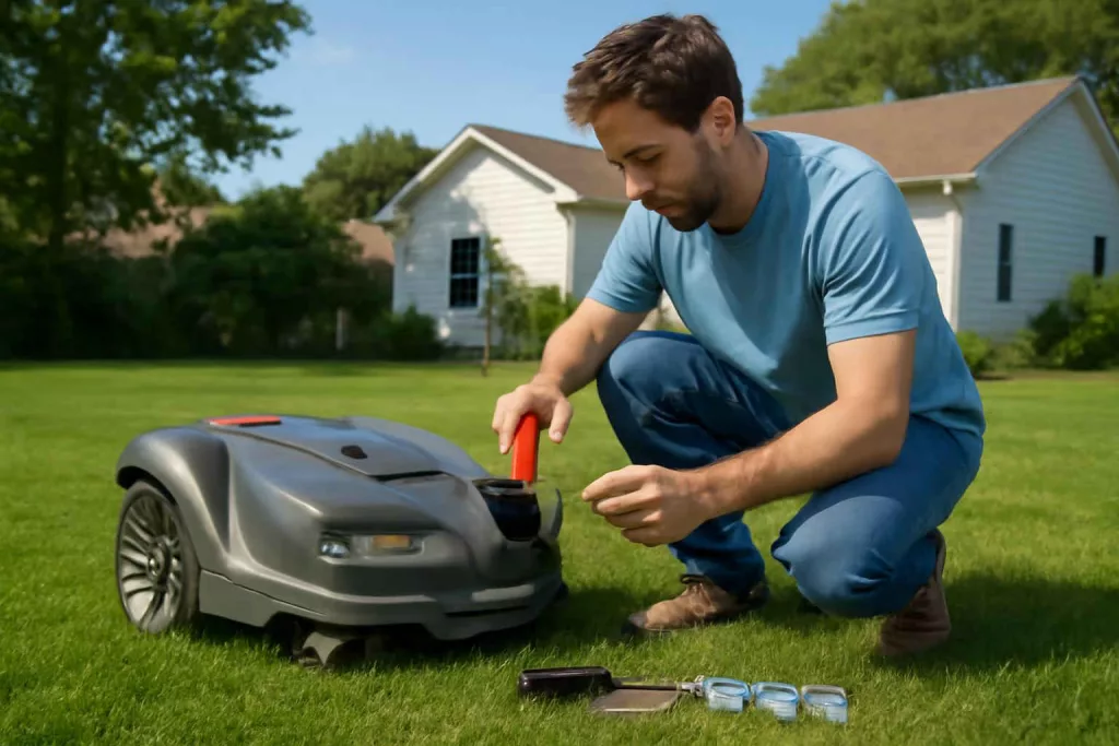 Owner performing maintenance on a robotic lawn mower on a green lawn