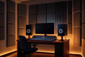 Modern home studio with acoustic treatment panels on walls and corner bass traps