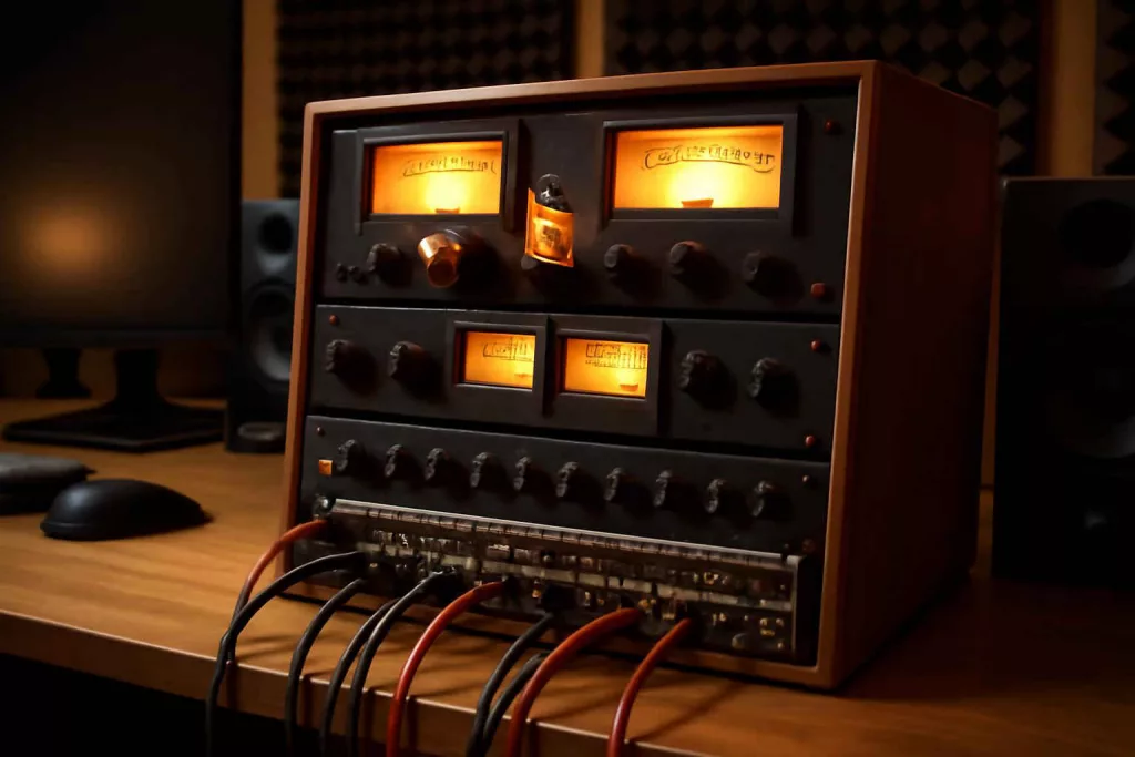 Analog audio equipment setup in a home recording studio