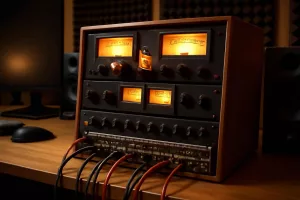 Analog audio equipment setup in a home recording studio