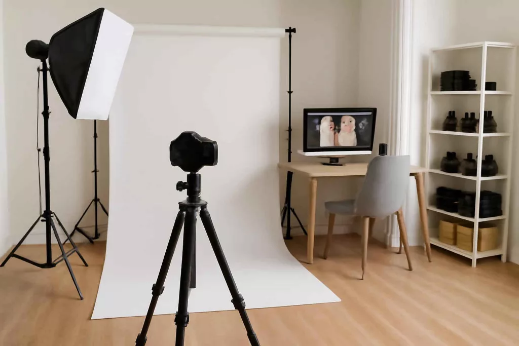 Modern home photography studio setup with softbox lights, backdrop stands, tripod, computer desk, and organized storage shelves
