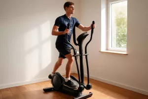 Compact elliptical machine in a small home gym corner