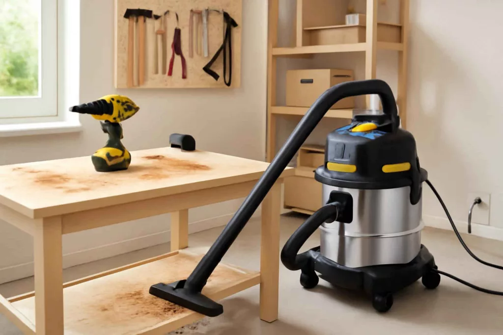 Corded wet/dry vacuum cleaner in a home workshop picking up sawdust and water