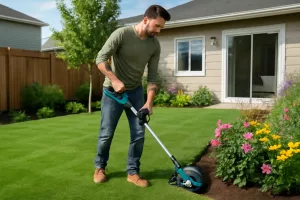 Person using a cordless lawn edger in a small backyard to create clean garden borders