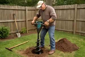Cordless post hole digger in action digging fence post hole