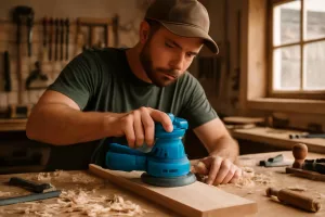 Woodworker using a cordless random orbital sander on wood in a workshop