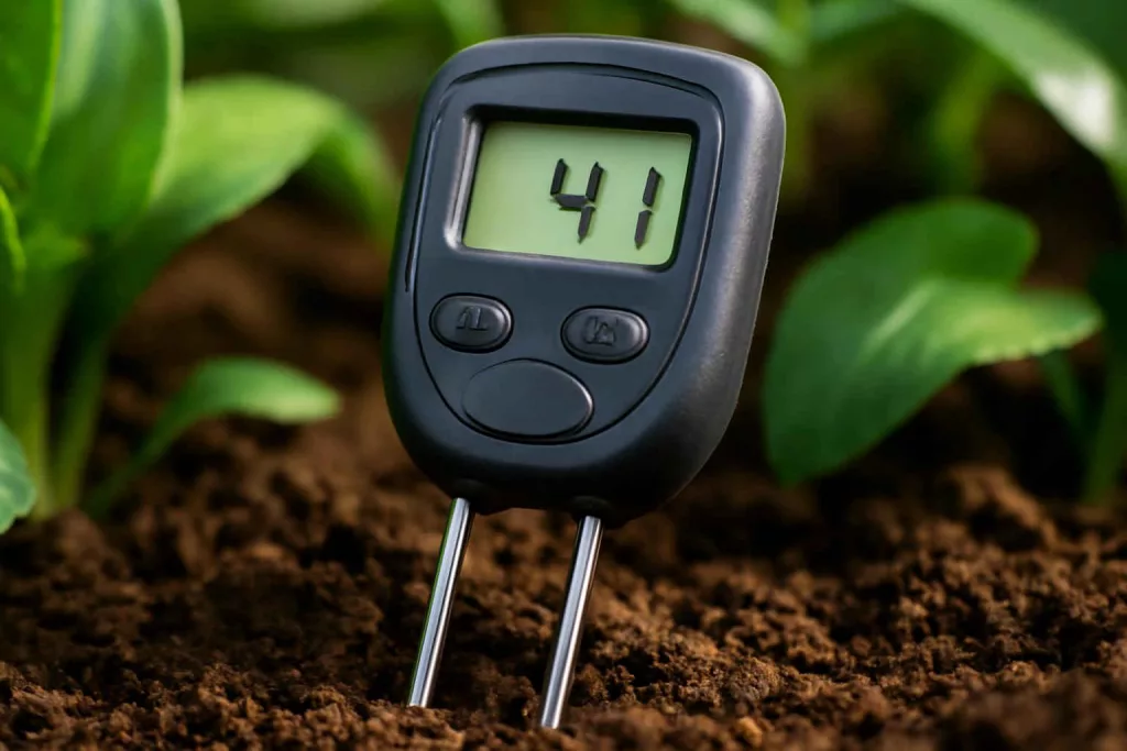 Handheld cordless soil moisture meter measuring moisture in garden soil