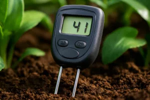 Handheld cordless soil moisture meter measuring moisture in garden soil