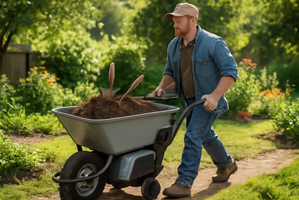 Electric wheelbarrow loaded with soil in a backyard garden