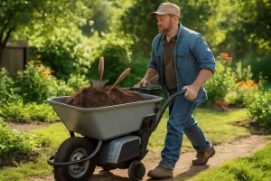Electric wheelbarrow loaded with soil in a backyard garden