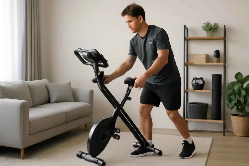 Young man folding a compact exercise bike in a small apartment living room
