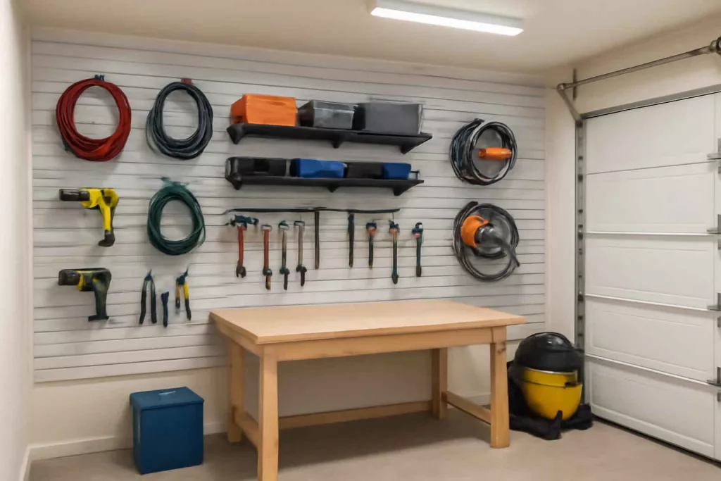 Garage slatwall panels mounted on workshop wall with organized tools and accessories