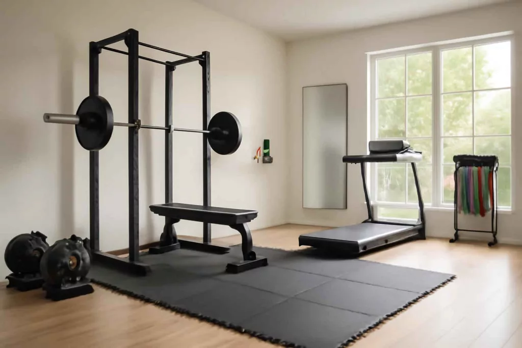 A modern home gym with best gear setup including dumbbells, power rack, treadmill, mats, and smart mirror