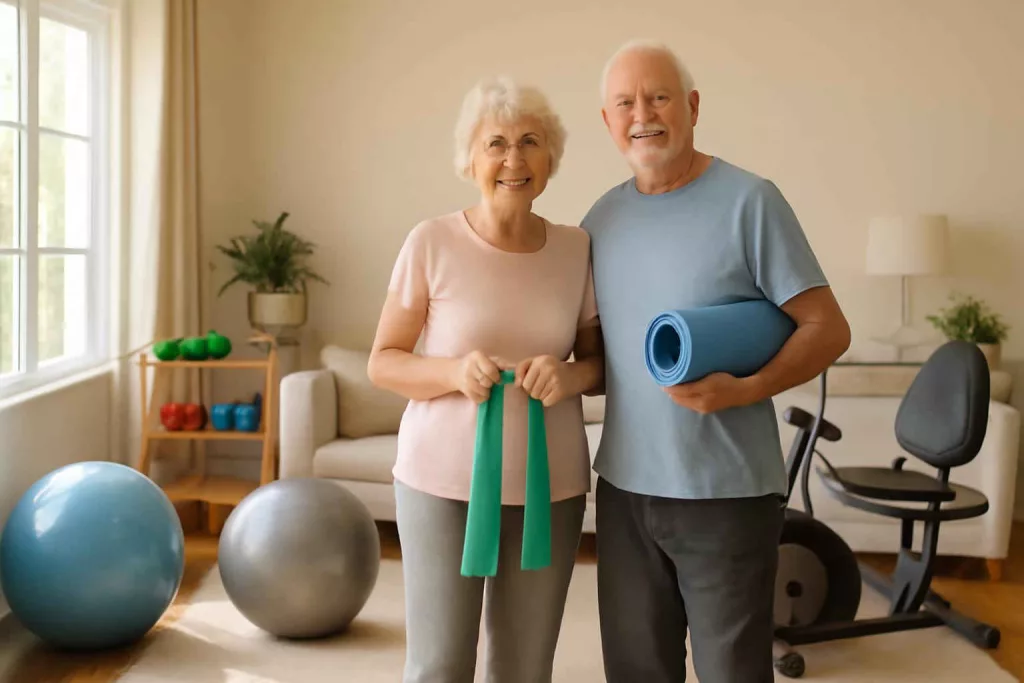 Senior couple preparing to use low-impact exercise gear in a bright home workout space