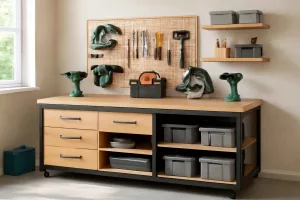 Small home workshop with a multifunctional gear storage bench featuring built-in drawers and open cubbies