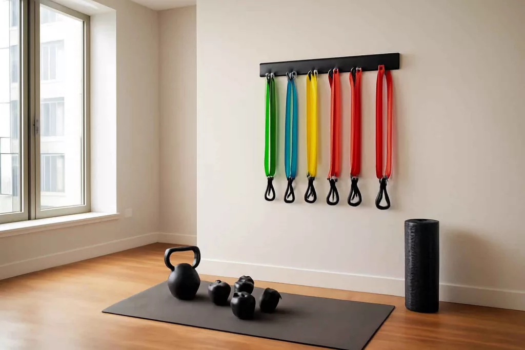 Colorful resistance bands hanging on a wall rack in a home gym