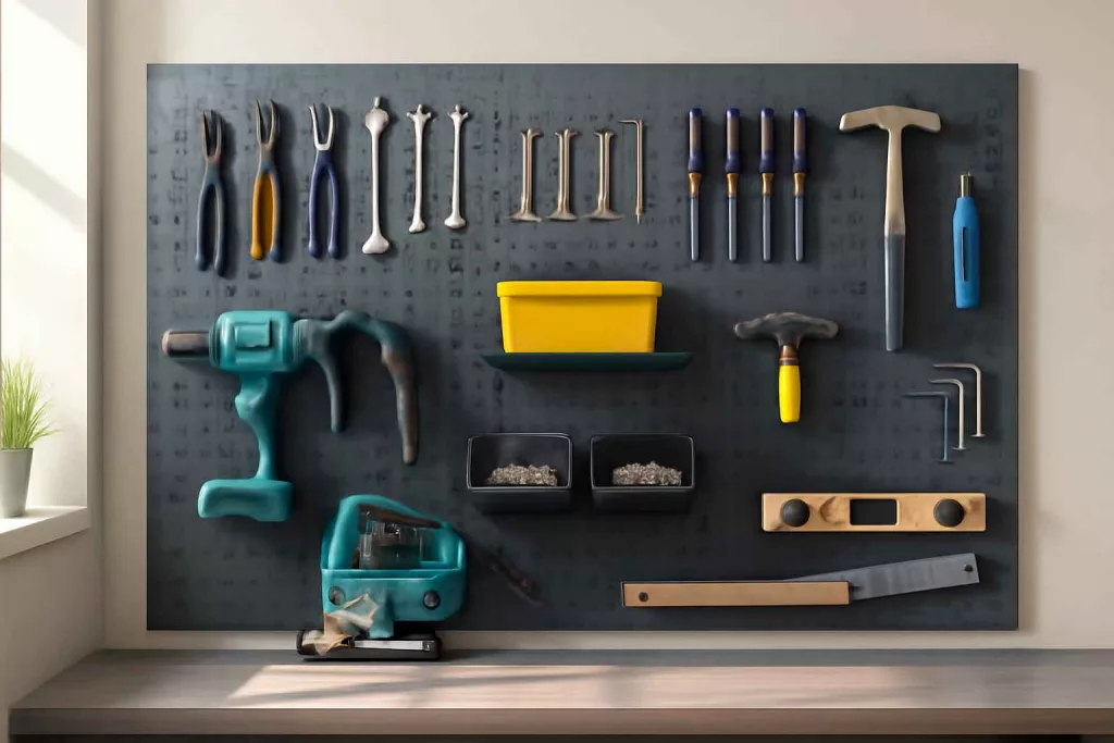 Organized workshop steel pegboard with various tools hung neatly