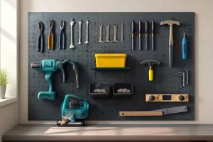 Organized workshop steel pegboard with various tools hung neatly