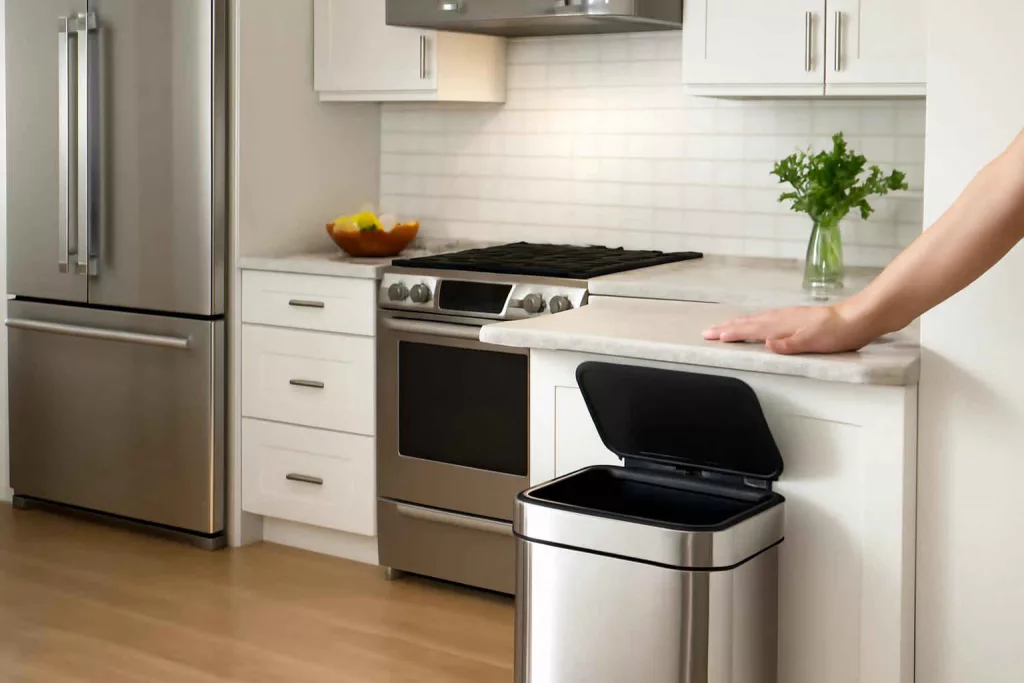 Under-cabinet sensor trash can installed in a modern kitchen