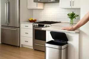 Under-cabinet sensor trash can installed in a modern kitchen