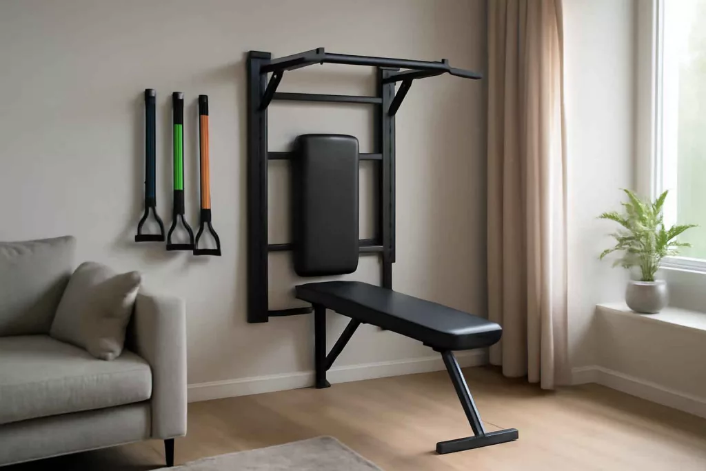 Wall-mounted home workout station with pull-up bar, resistance bands, and fold-down bench