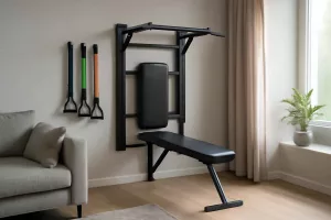Wall-mounted home workout station with pull-up bar, resistance bands, and fold-down bench
