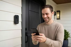 Modern wireless doorbell camera mounted beside front door