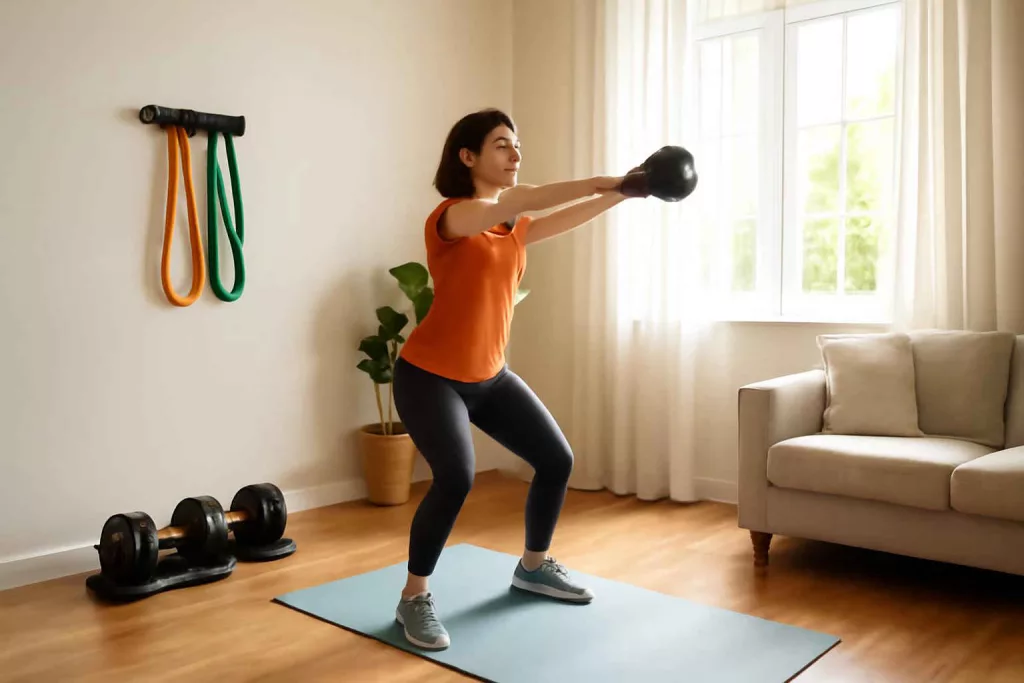 Home workout gear including dumbbells, resistance bands, kettlebell, and yoga mat neatly arranged in a home gym corner.