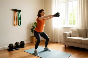 Home workout gear including dumbbells, resistance bands, kettlebell, and yoga mat neatly arranged in a home gym corner.